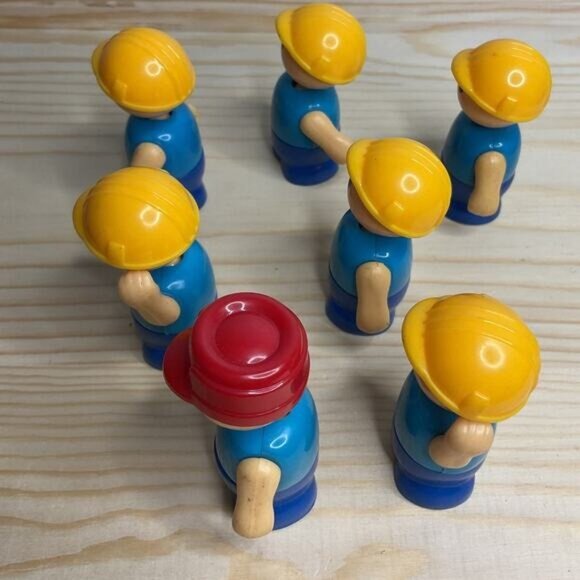 Vintage Playskool Lil Playmates Lot of 7 Construction Workers Blue Yellow Red - Picture 8 of 9
